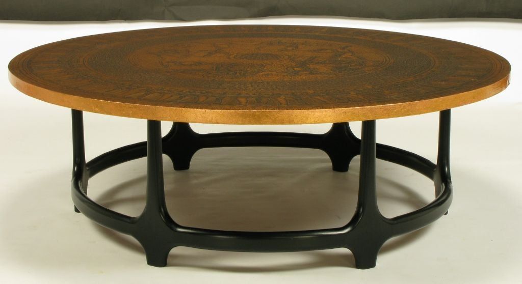 Round Copper Leaf Relief And Ebonized Walnut Coffee Table With Regard To Leaf Round Coffee Tables (Photo 6 of 15)