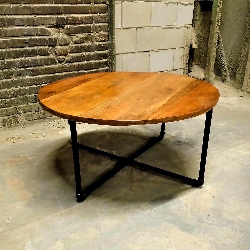 Round Industrial Coffee Table, Iron Wooden Coffee Table Intended For Round Iron Coffee Tables (View 9 of 15)