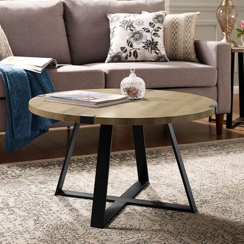 Rustic Oak Metal Wrap Round Coffee Table | Coffee Table Within Metal Legs And Oak Top Round Coffee Tables (View 4 of 15)