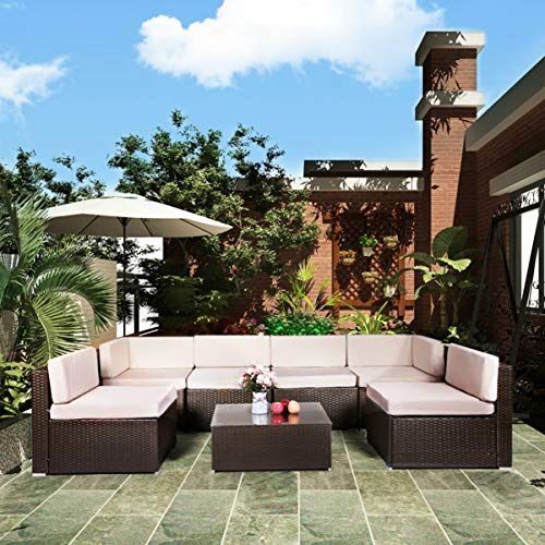 See U Max 7 Piece Patio Pe Rattan Wicker Sofa Set Outdoor In Black And Tan Rattan Coffee Tables (View 15 of 15)