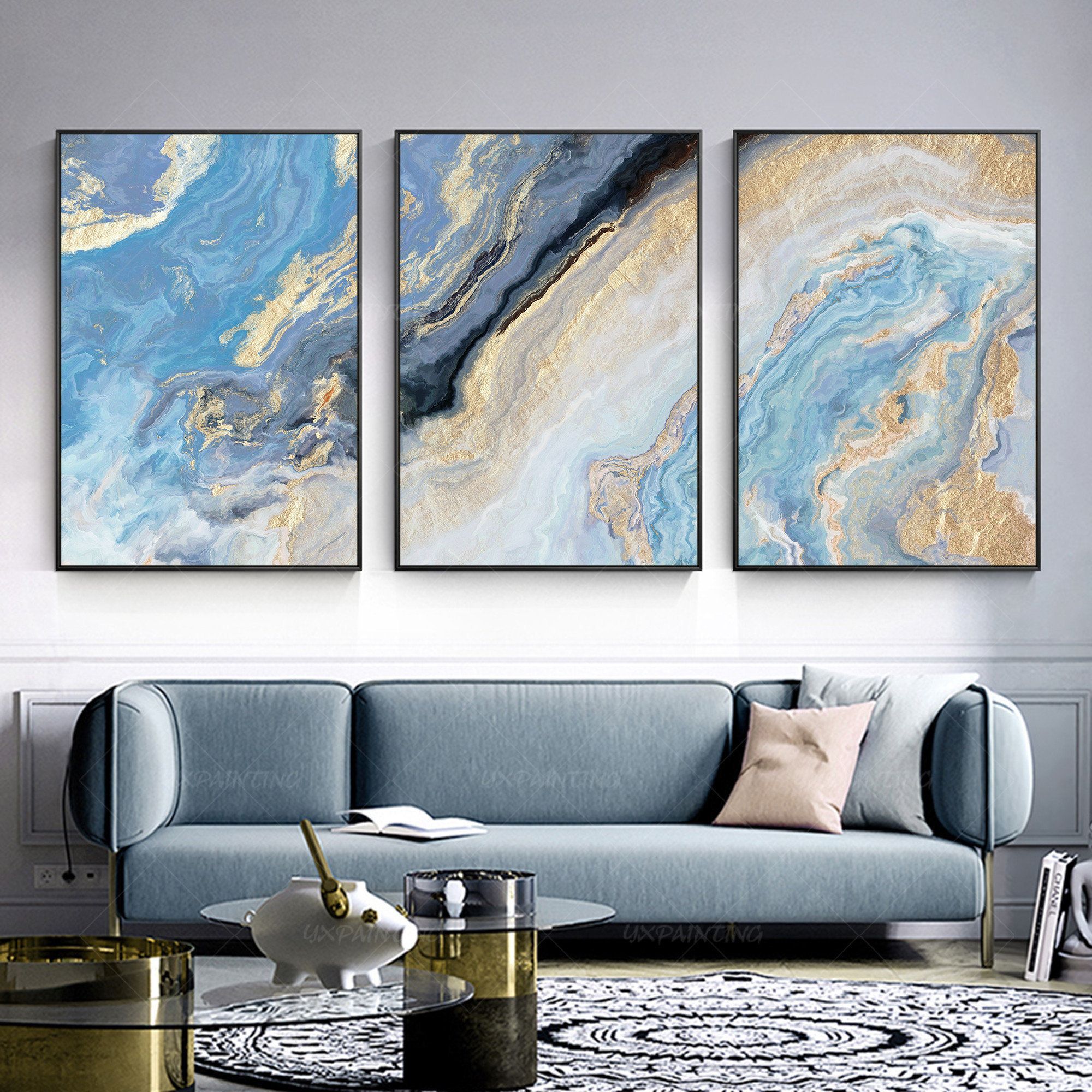 Set Of 3 Art Printable Wall Art Gold Blue Acrylic Pour Sea Pertaining To Wave Wall Art (View 11 of 15)