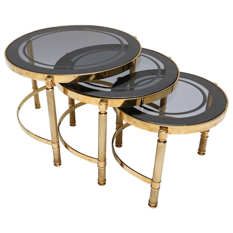 Set Of Three Brass Nesting Tables With Smoked Glass Tops Throughout Brass Smoked Glass Cocktail Tables (View 7 of 15)