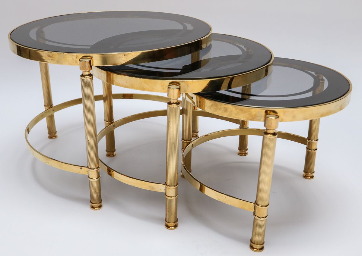 Set Of Three Brass Nesting Tables With Smoked Glass Tops With Regard To Brass Smoked Glass Cocktail Tables (View 6 of 15)