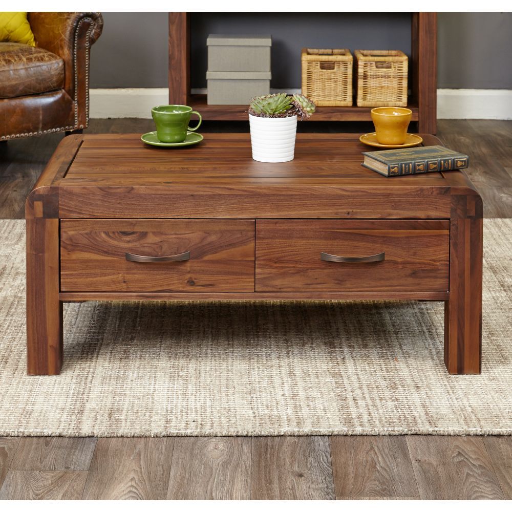 Shiro Solid Walnut Furniture Four Drawer Storage Coffee Table Within Walnut And Gold Rectangular Coffee Tables (View 10 of 15)