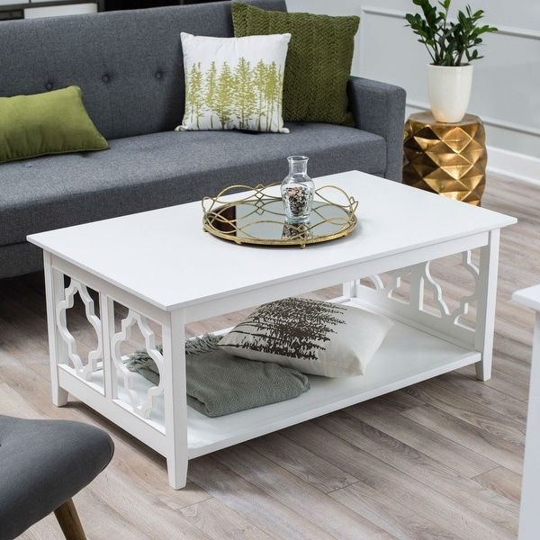 Shop White Quatrefoil Coffee Table With Solid Birch Wood Pertaining To White Triangular Coffee Tables (View 15 of 15)
