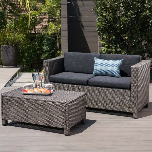 Shop White Wicker Loveseat And Coffee Table Outdoor Patio Intended For Black And Tan Rattan Coffee Tables (View 6 of 15)