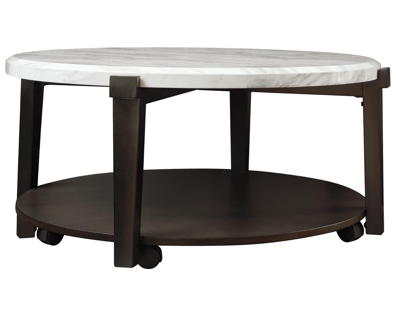 Signature Designashley Janilly Dark Brown Round Regarding Faux White Marble And Metal Coffee Tables (View 10 of 15)