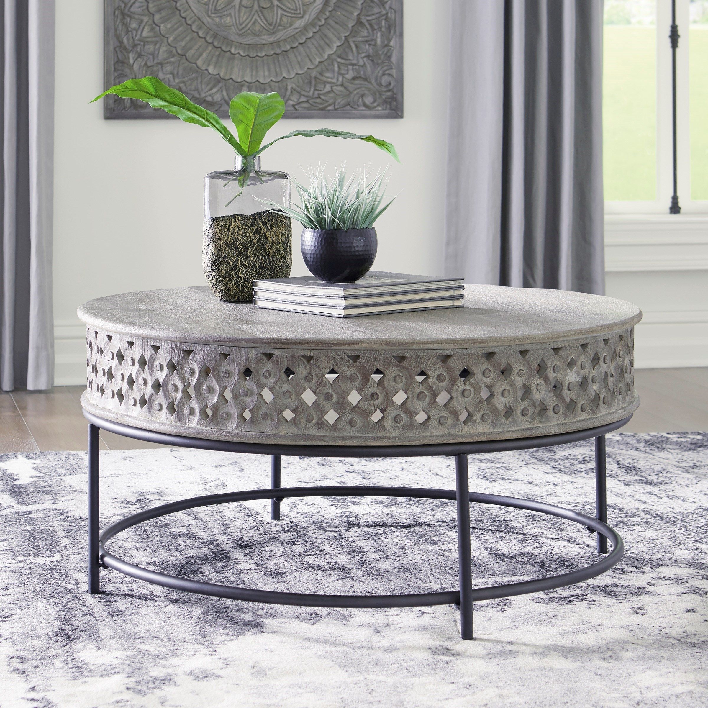 Signature Designashley Rastella T968 8 Carved Mango With Regard To Gray Driftwood And Metal Coffee Tables (View 14 of 15)