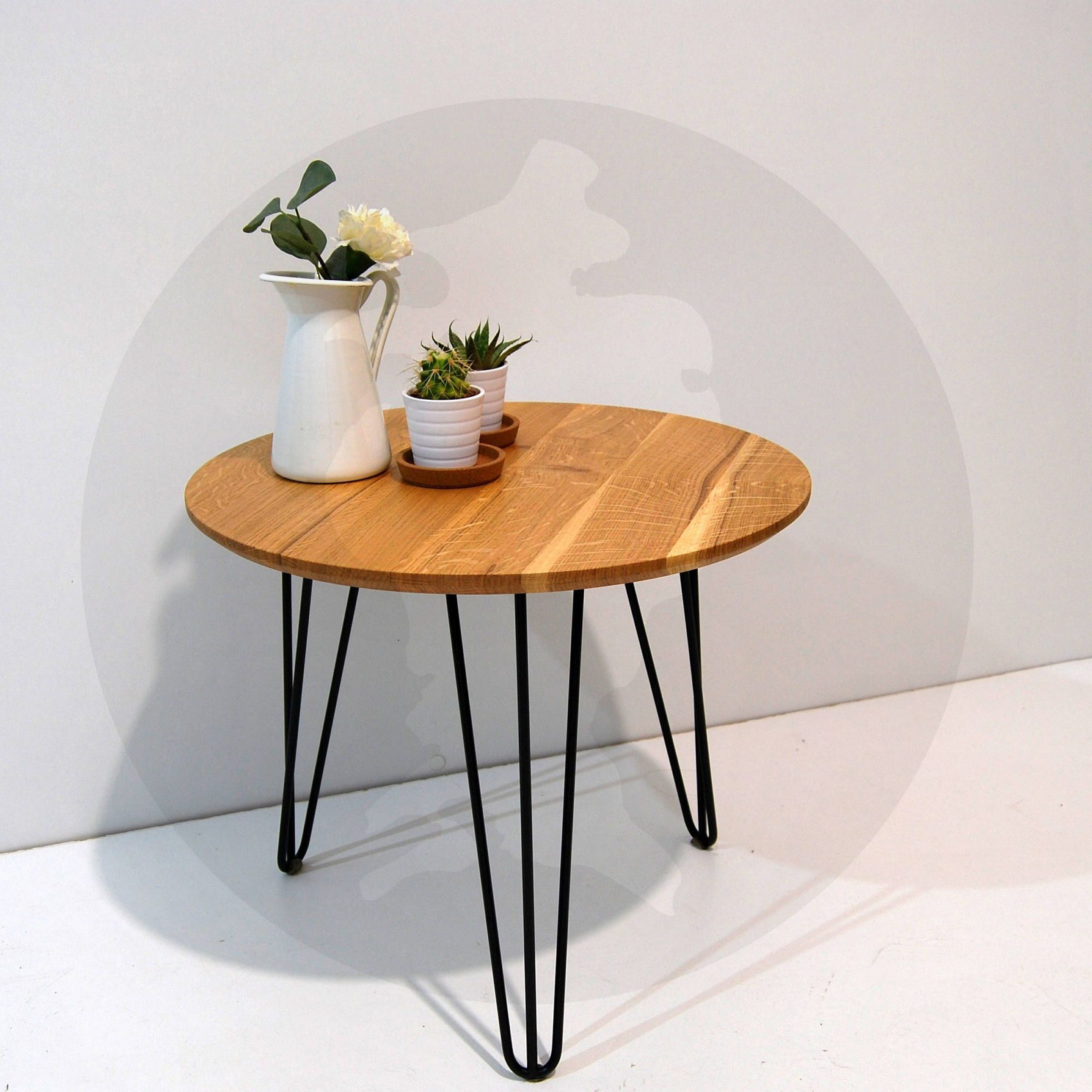 Solid Oak Round Side Table With Hairpin Metal Black Legs Regarding Metal Legs And Oak Top Round Coffee Tables (View 7 of 15)