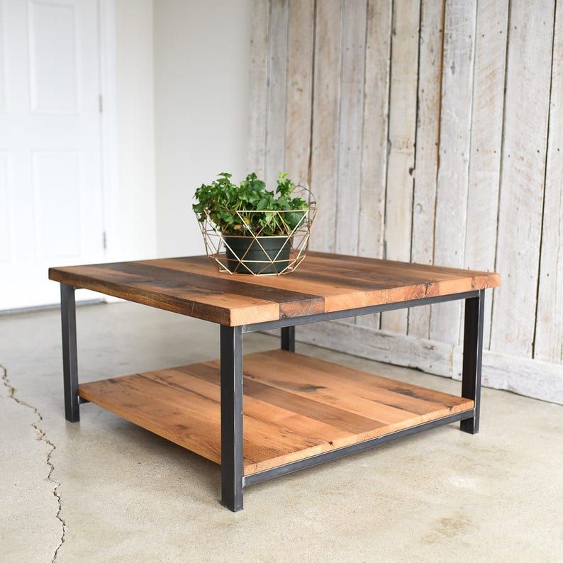 Square Oak Coffee Table / Rustic Reclaimed Wood And Steel With Regard To 1 Shelf Square Coffee Tables (Photo 12 of 15)