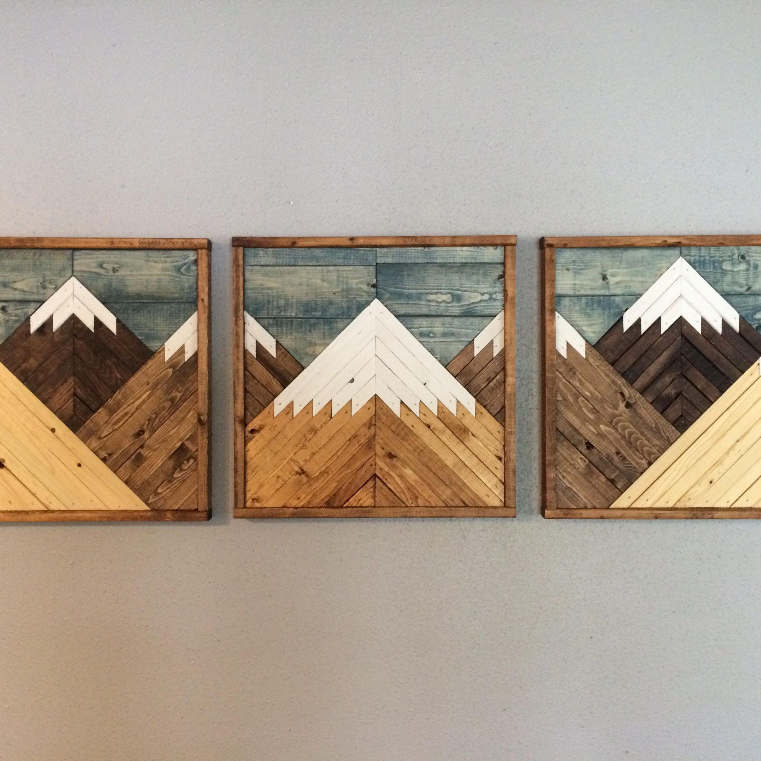 Stained Mountain Tops Set Of 3. Reclaimed Wood Wall Art (View 3 of 15)