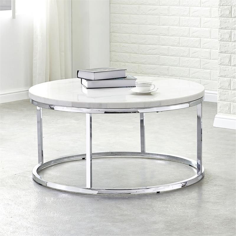 Steve Silver Echo White Marble And Chrome Metal Round Regarding Silver Mirror And Chrome Coffee Tables (View 8 of 15)