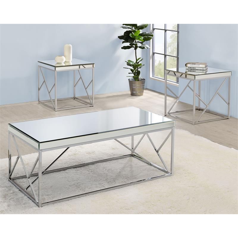 Steve Silver Evelyn Mirror Top Chrome Cocktail Table – Ev300c Within Metallic Gold Cocktail Tables (View 5 of 15)