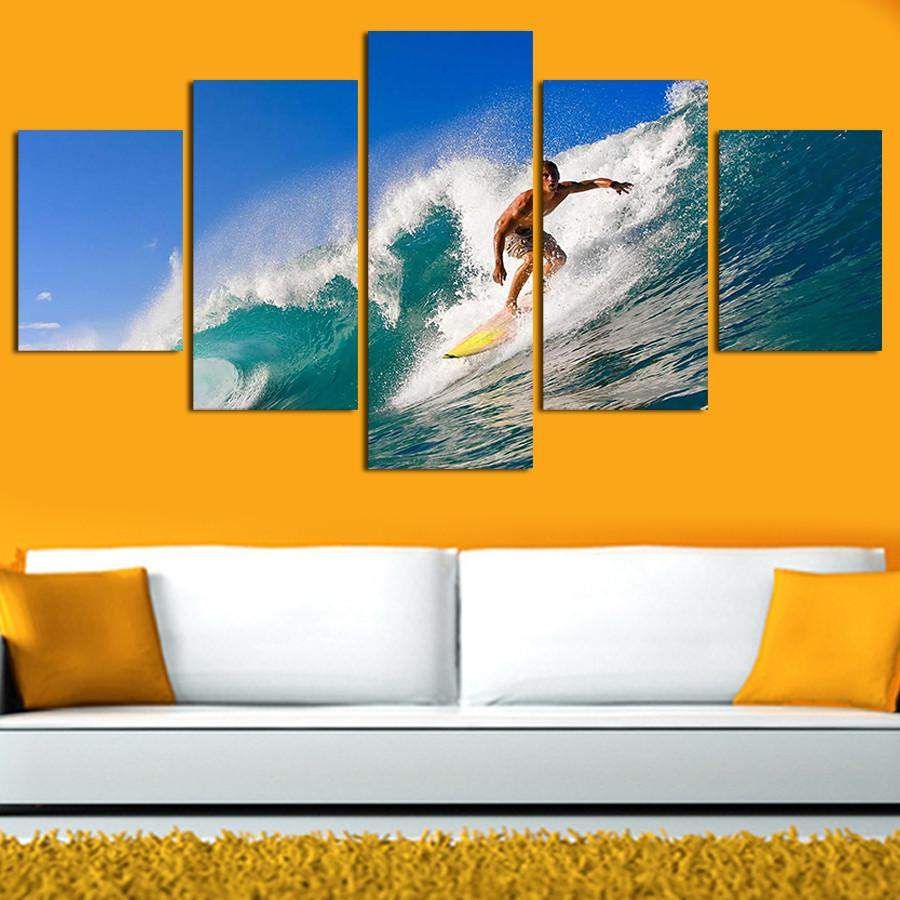 Surfing Waves | 5 Panel Wall Art Canvas Prints With Wave Wall Art (View 13 of 15)