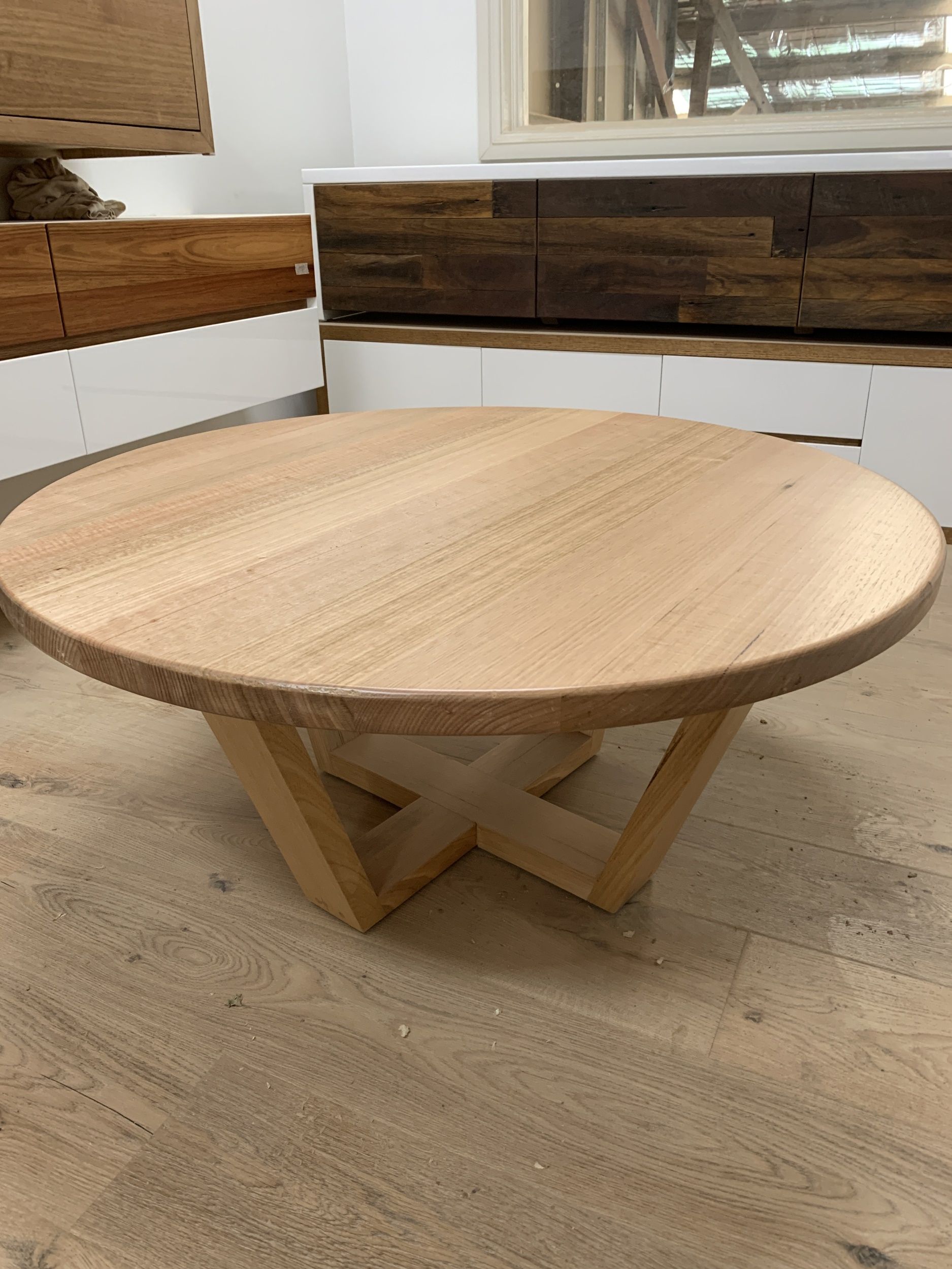 Tassie Oak Cross Round Coffee Table – Australian Made Pertaining To Metal Legs And Oak Top Round Coffee Tables (View 5 of 15)