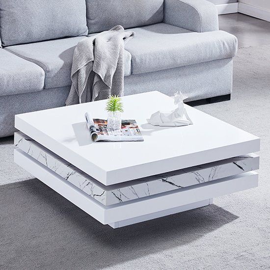 Triplo White Gloss Rotating Square Coffee Table In Vida Throughout White Gloss And Maple Cream Coffee Tables (View 7 of 15)