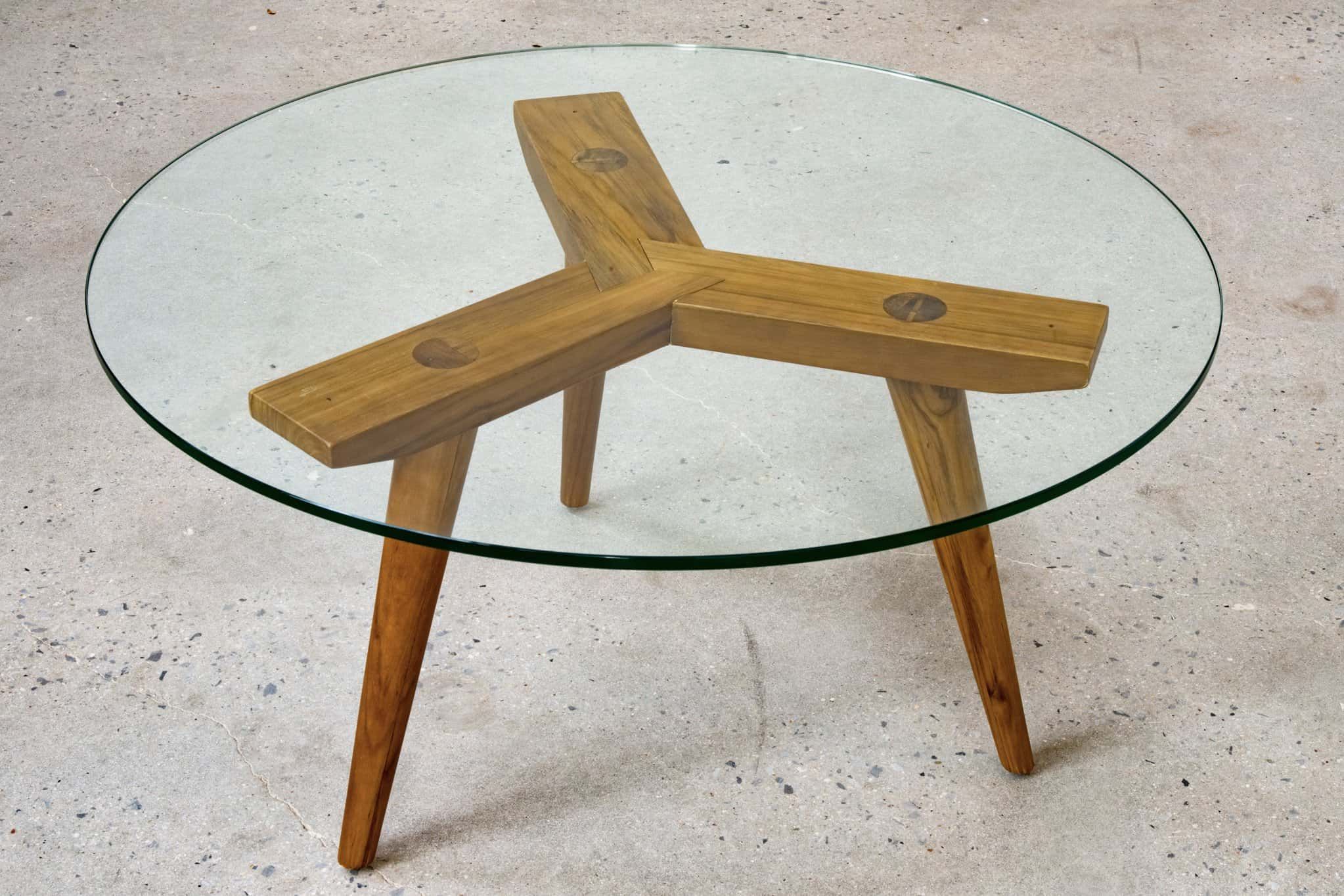 Tripod 36" Coffee Table – Teak Wood/tinted Finish – Glass Pertaining To Coffee Tables With Tripod Legs (View 10 of 15)