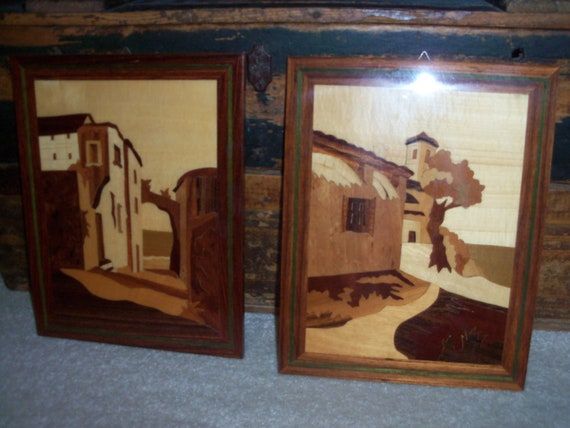 Two Vintage Italian Handcrafted Wood Inlay Wall Art Pieces For Retro Wood Wall Art (View 7 of 15)
