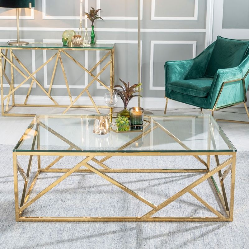 Urban Deco Maze Coffee Table – Glass And Stainless Steel With Geometric Glass Top Gold Coffee Tables (View 1 of 15)