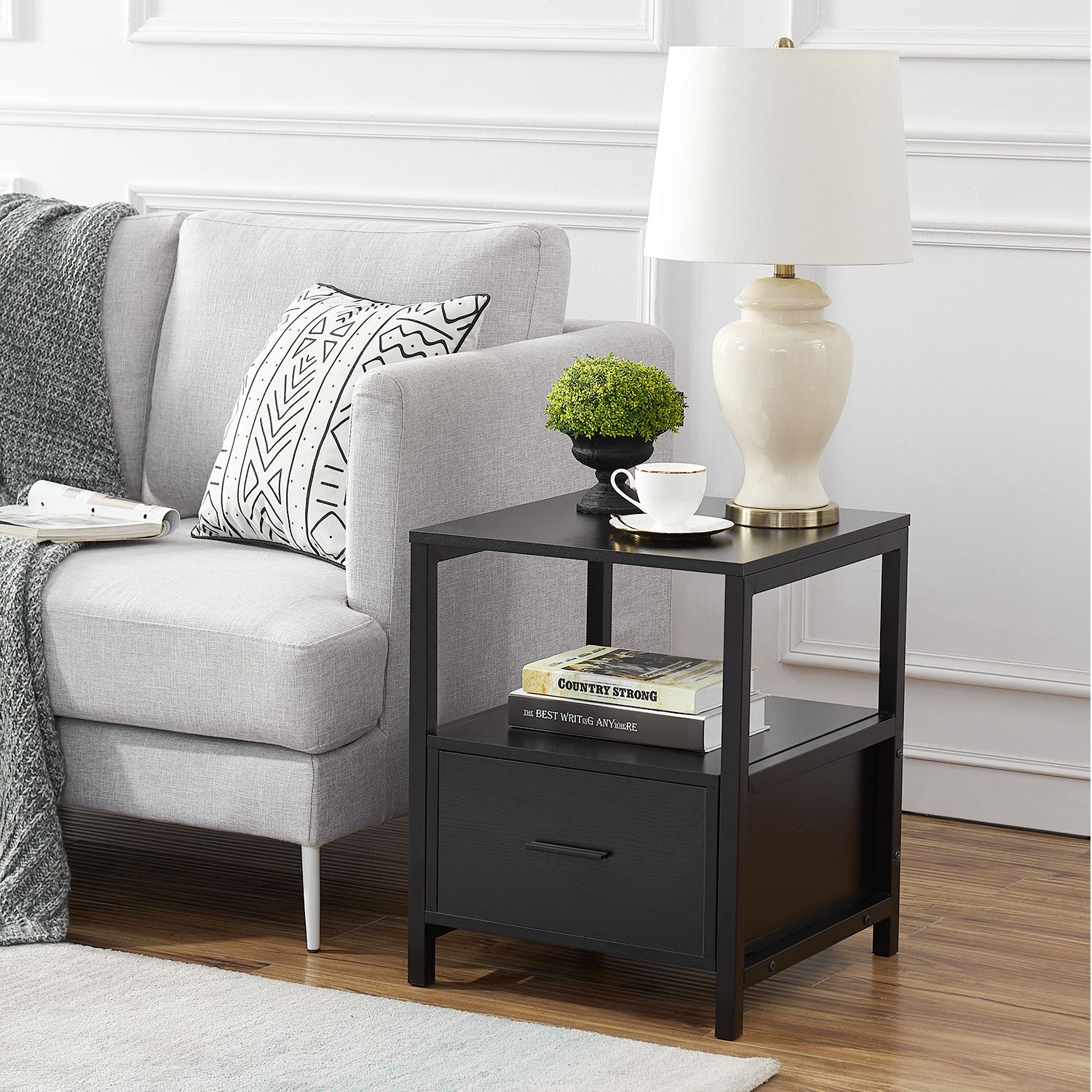Vecelo Modern End Table With 1 Drawer And Shelf Black Regarding Square Modern Accent Tables (View 3 of 15)
