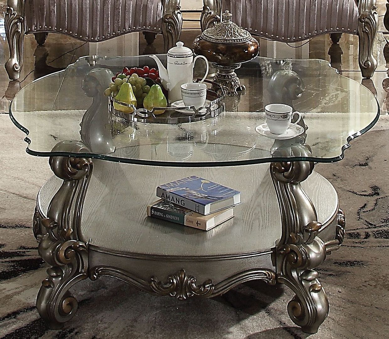 Versailles Traditional Antique Platinum Glass Top Coffee With Antiqued Gold Leaf Coffee Tables (View 10 of 15)