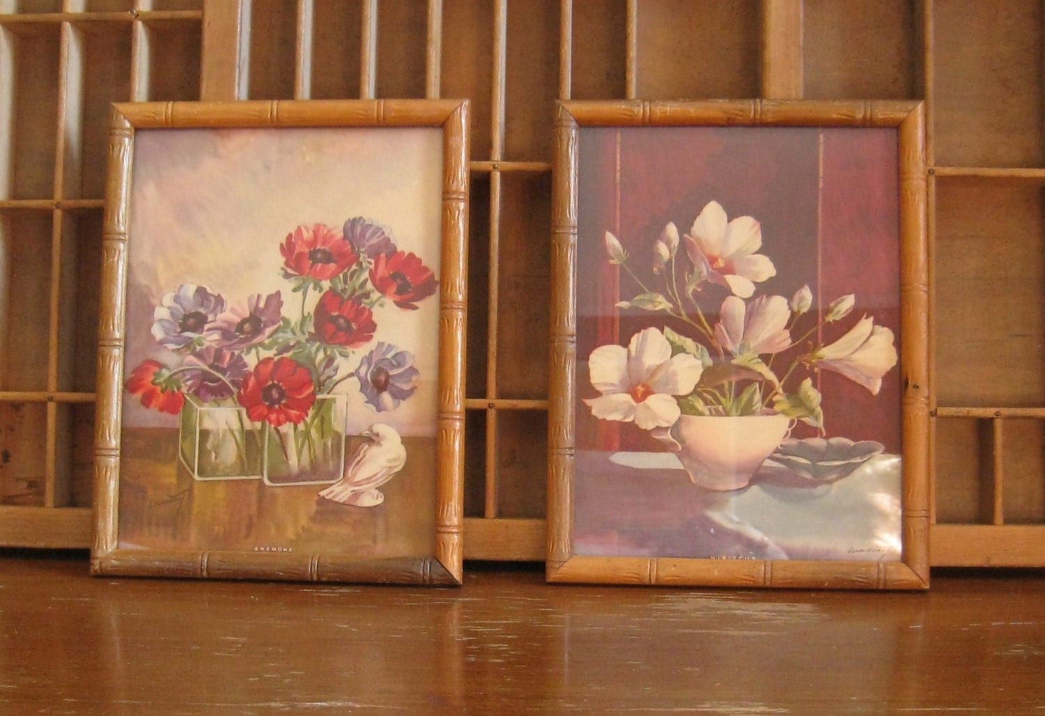 Vintage Flower Prints Bamboo Frame Floral Lithographs With With Flower Framed Art Prints (View 9 of 15)