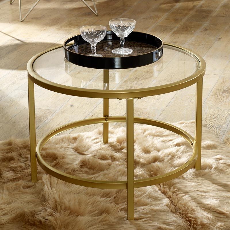 Vintage Gold Round Glass Top Coffee Table – Windsor Browne Intended For Espresso Wood And Glass Top Coffee Tables (View 15 of 15)