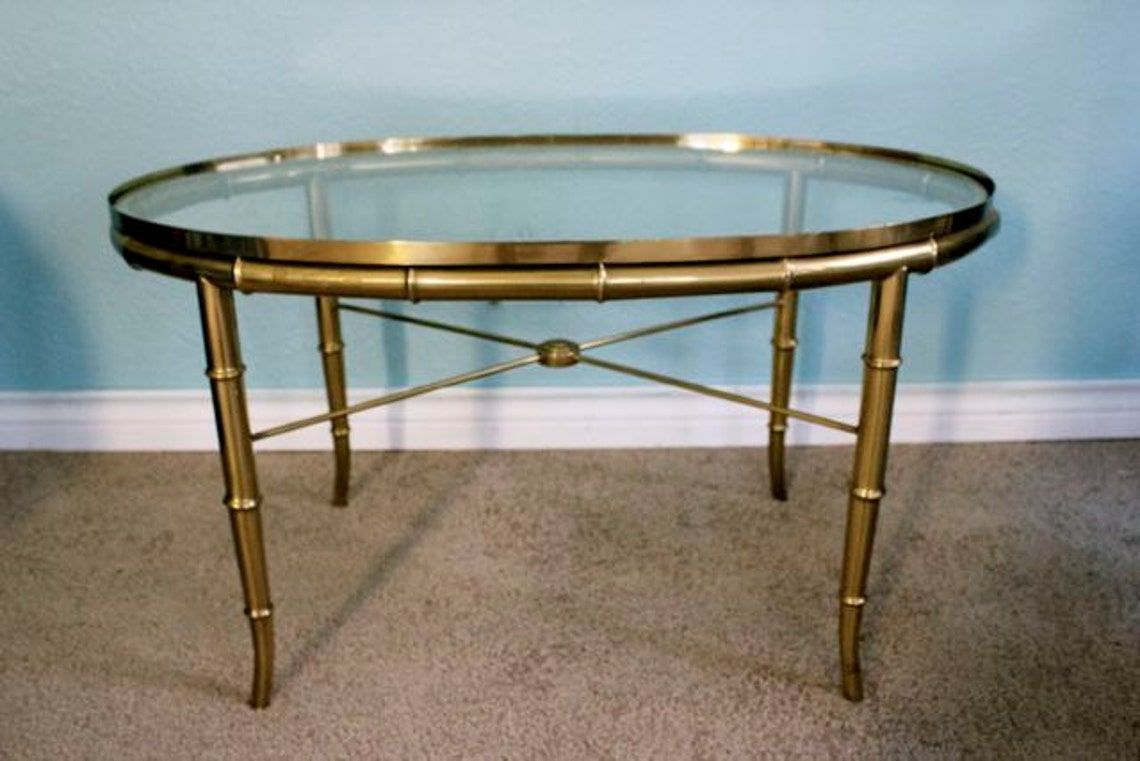 Vintage Mastercraft Brass Oval Cocktail Table Glass Top With Antique Brass Round Cocktail Tables (View 1 of 15)