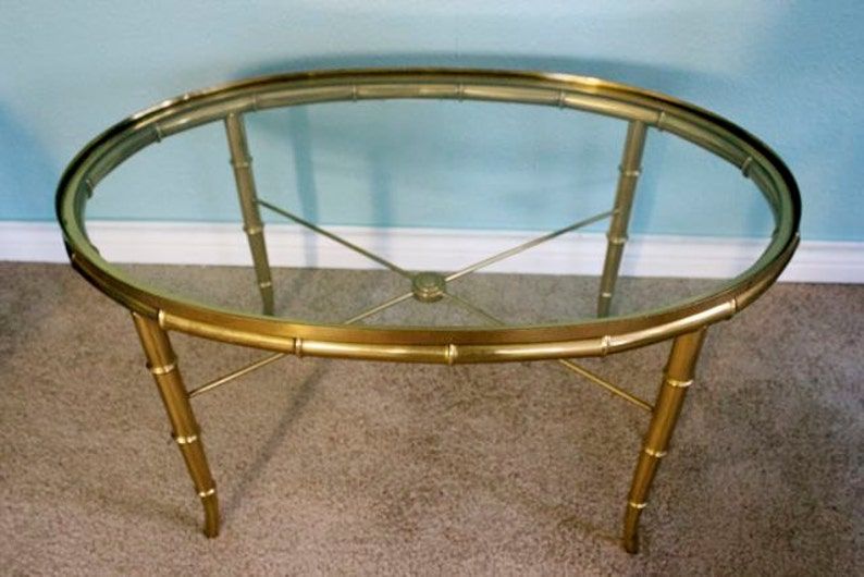 Vintage Mastercraft Brass Oval Cocktail Table Glass Top With Regard To Antique Brass Round Cocktail Tables (View 8 of 15)
