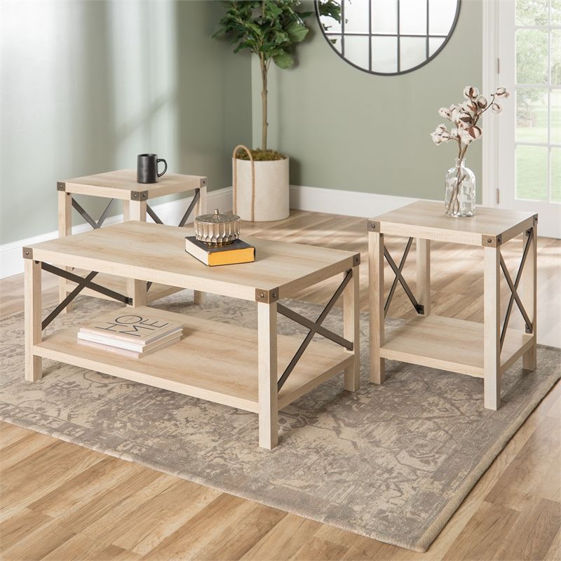 Walker Edison 3 Piece Rustic Wood And Metal Coffee Table Pertaining To 3 Piece Shelf Coffee Tables (View 13 of 15)