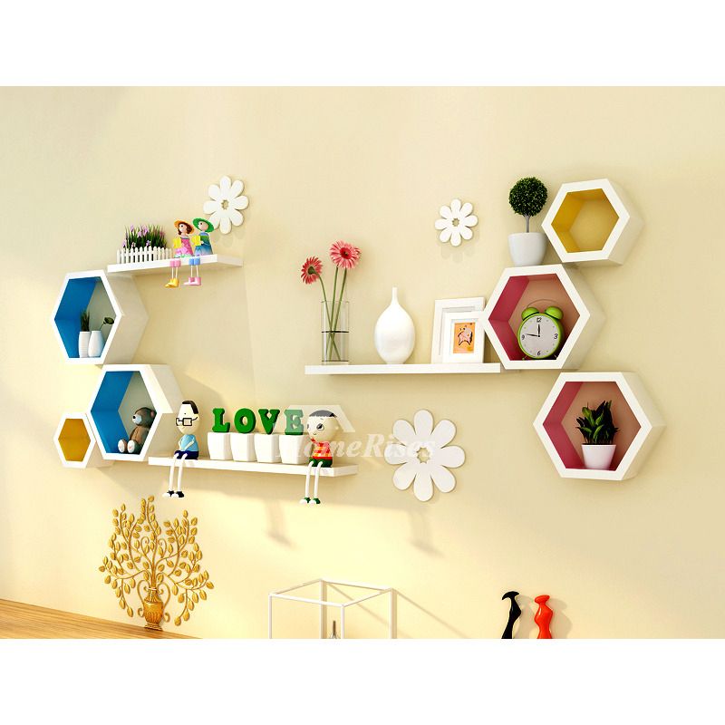 Wall Mounted Wood Shelves Decorative Hexagon White Modern Throughout Hexagons Wood Wall Art (View 2 of 15)