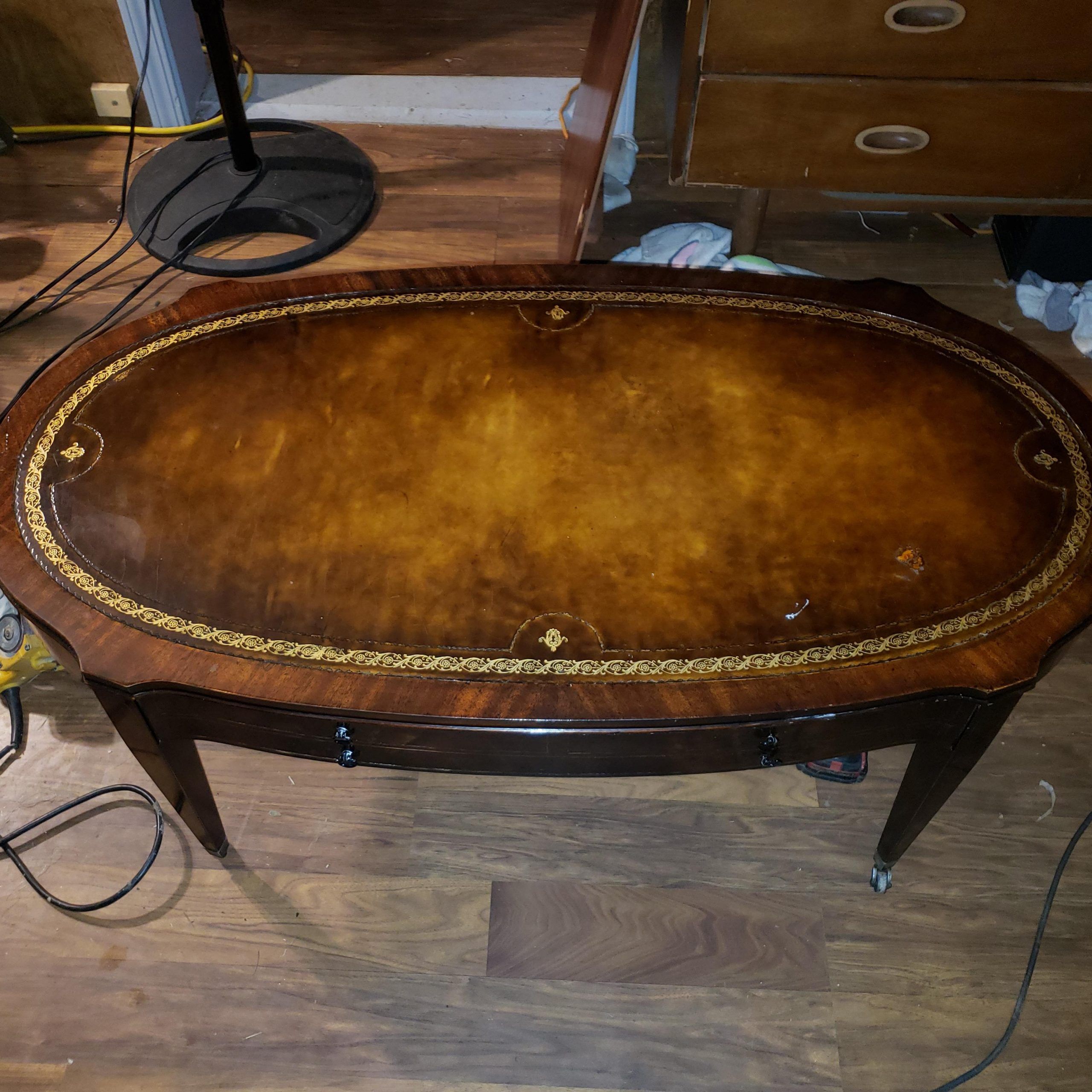 Weiman Leather Top Coffee Table With Gold Inlay Antique With Regard To Antique Blue Gold Coffee Tables (View 14 of 15)