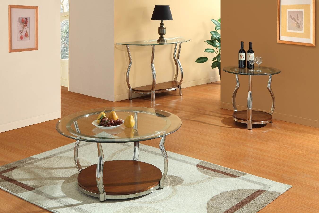 Wells Chrome Metal Brown Wood Glass Coffee Table Set Within Brown Wood And Steel Plate Coffee Tables (View 13 of 15)