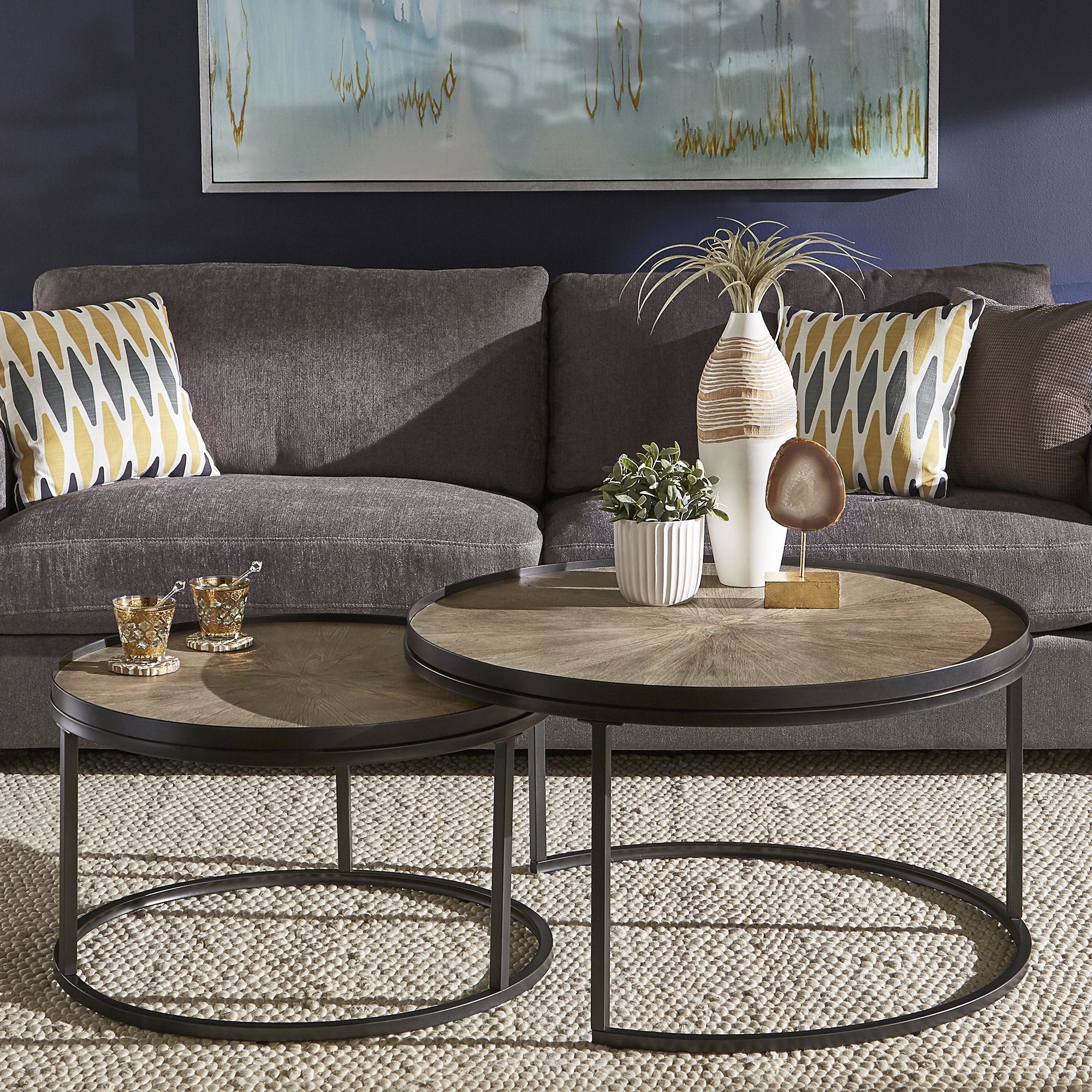 Weston Home Bluff Grey Oak Finish Round Nesting Coffee In Black And Oak Brown Coffee Tables (View 4 of 15)