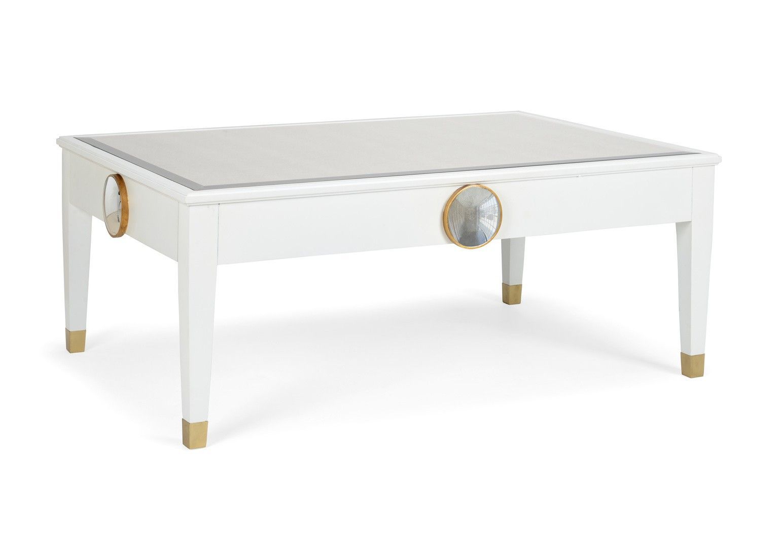 White Cocktail Table With Brass Edged Mirror Accent And Pertaining To Antique Mirror Cocktail Tables (View 10 of 15)