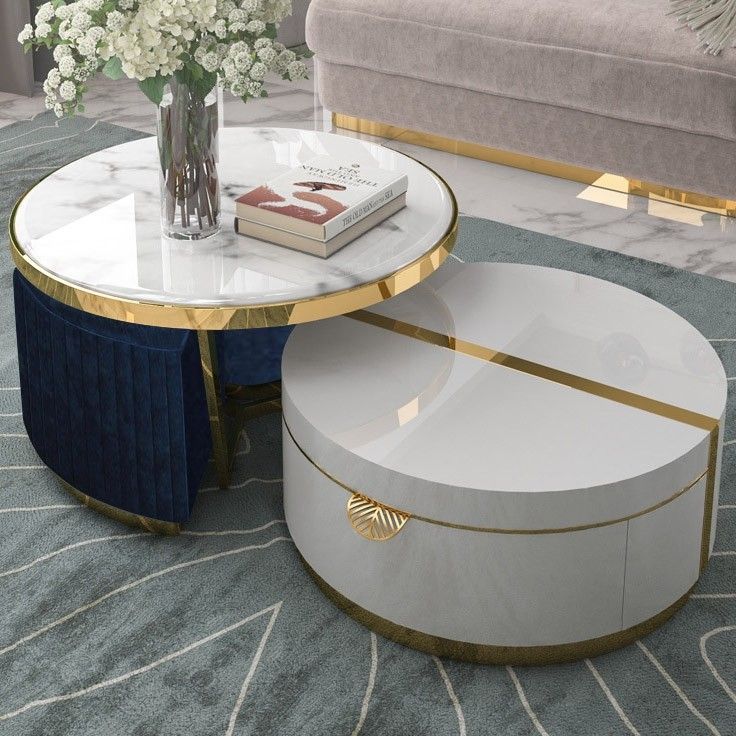 White Nesting Coffee Table With Ottomans Faux Marble In White Stone Coffee Tables (View 15 of 15)