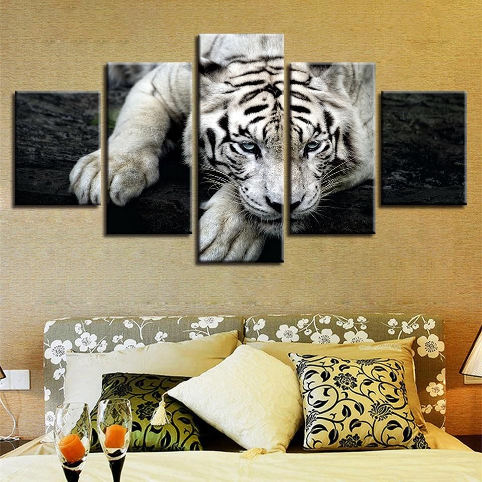 White Tiger 06 – Animal 5 Panel Canvas Art Wall Decor For Tiger Wall Art (View 4 of 15)