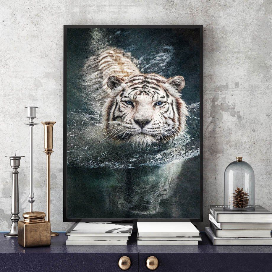 White Tiger Swimming Wall Art Canvas Painting Nordic Intended For Tiger Wall Art (View 11 of 15)