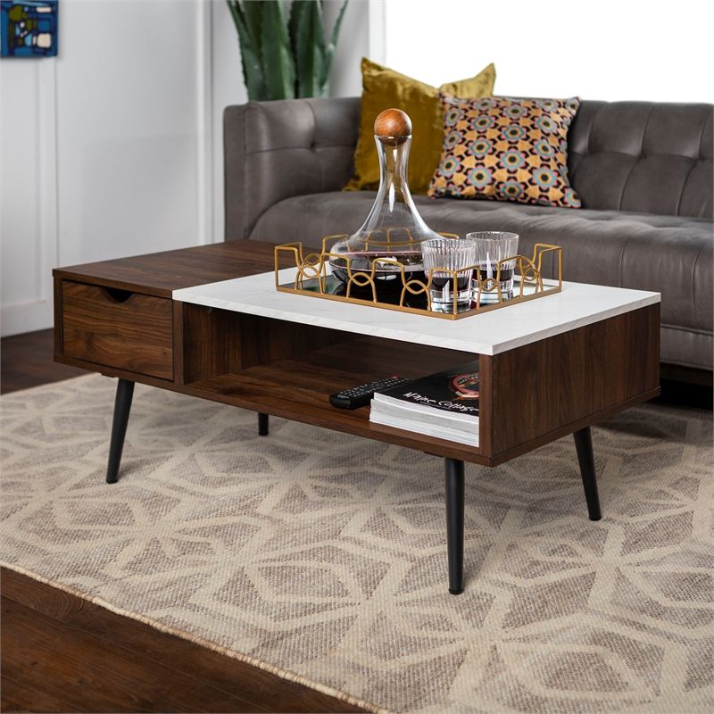 Wood And Faux Marble Coffee Table In Dark Walnut – Af42jmmbdw Pertaining To Walnut And Gold Rectangular Coffee Tables (View 3 of 15)