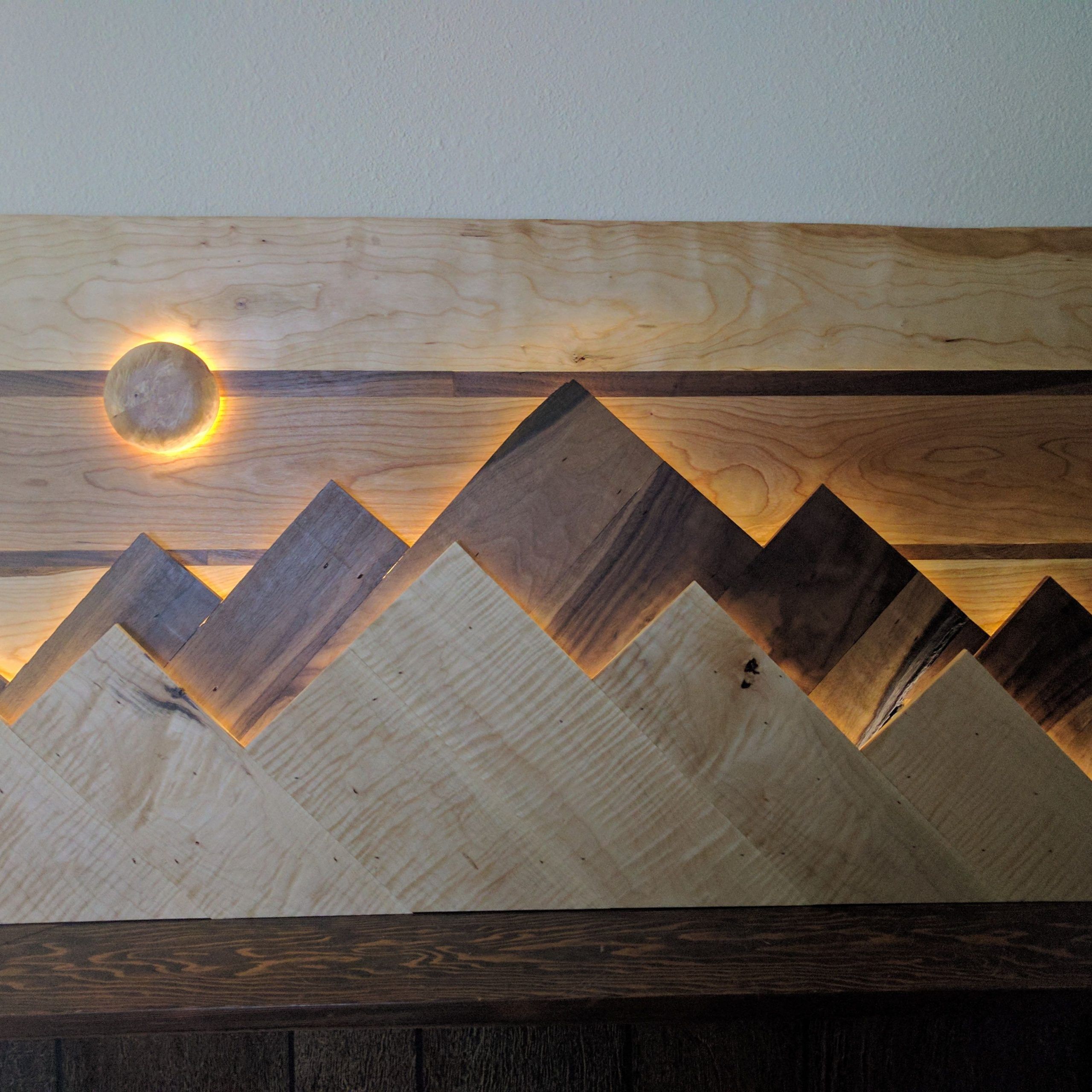 Wood Mountain Range Wall Art. The Sun/moon Functions As A Pertaining To Abstract Flow Wood Wall Art (Photo 9 of 15)