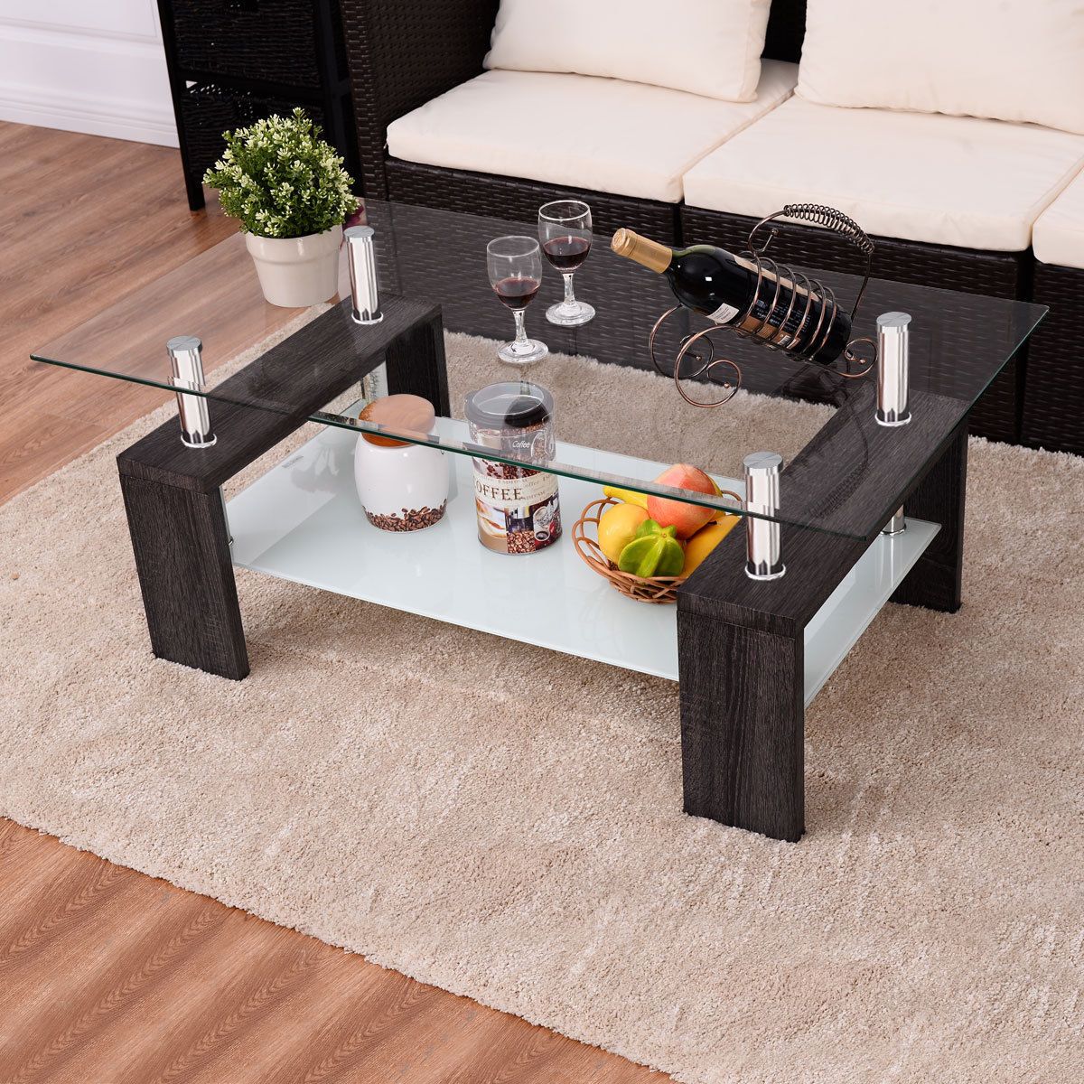 Wood Tempered Glass Top Coffee Table Rectangular W/ Shelf Throughout Wood Rectangular Coffee Tables (View 2 of 15)