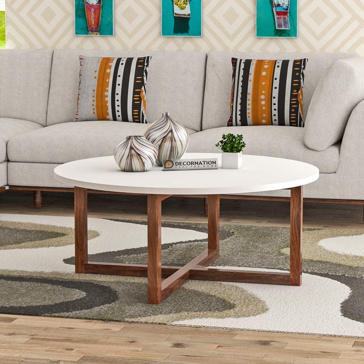 Wooden Mdf Round Coffee Table With Solid Wood Legs – White Throughout Wood Coffee Tables (Photo 9 of 15)
