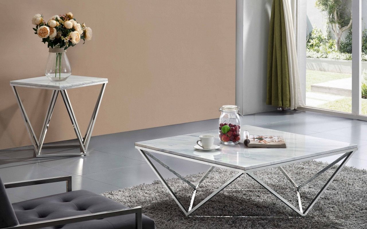 Xavier Modern Marble Top Coffee Table With Geometric With Silver Stainless Steel Coffee Tables (View 7 of 15)