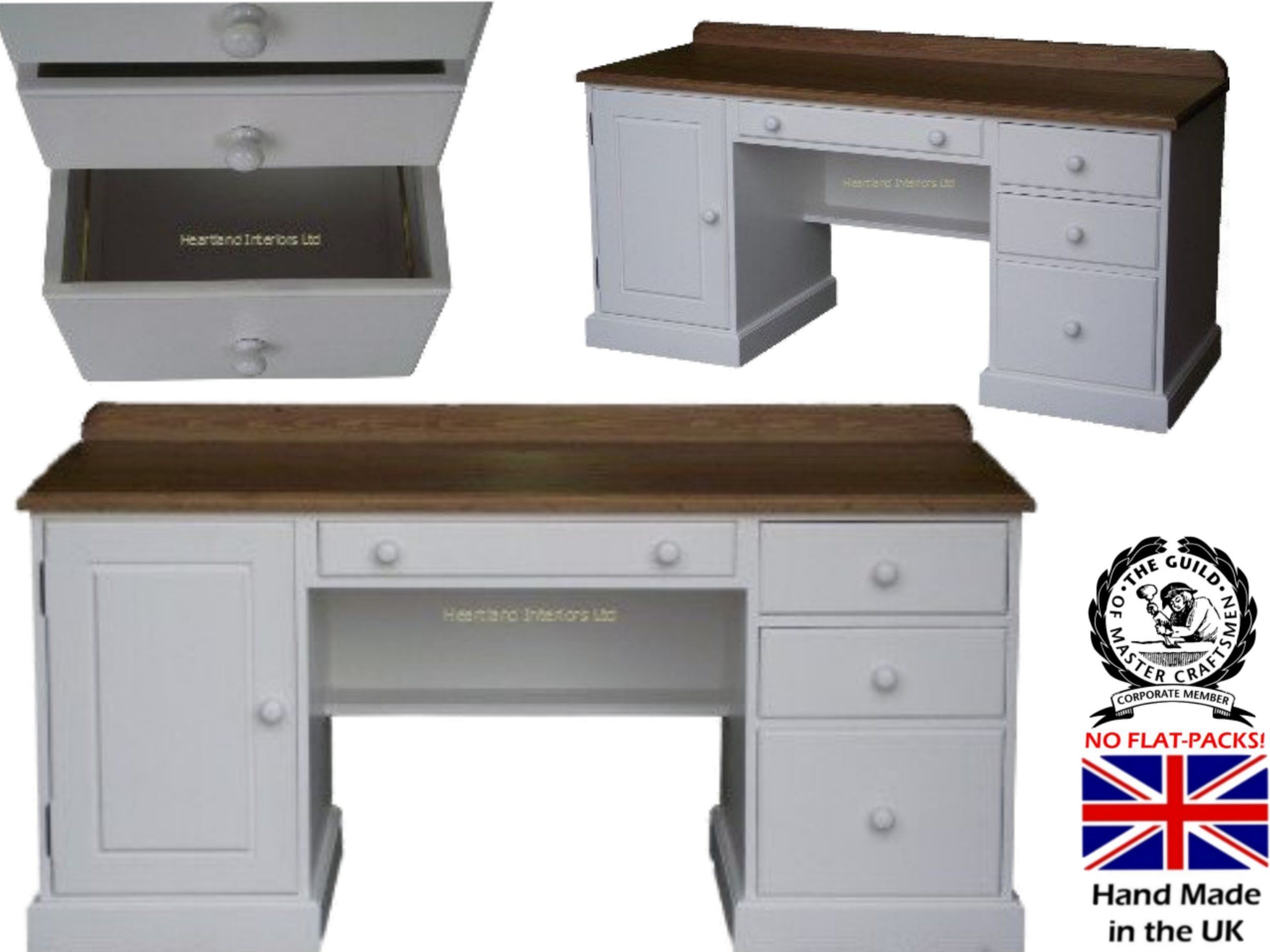 100% Solid Wood Writing Desk, White Painted & Waxed Double Pedestal In Dark Sapphire Wood Writing Desks (View 9 of 15)