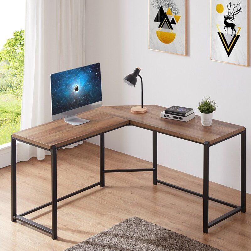 17 Stories L Shaped Computer Desk, Wood And Metal Corner Desk For Home Pertaining To Oak Corner Computer Writing Desks (View 9 of 15)