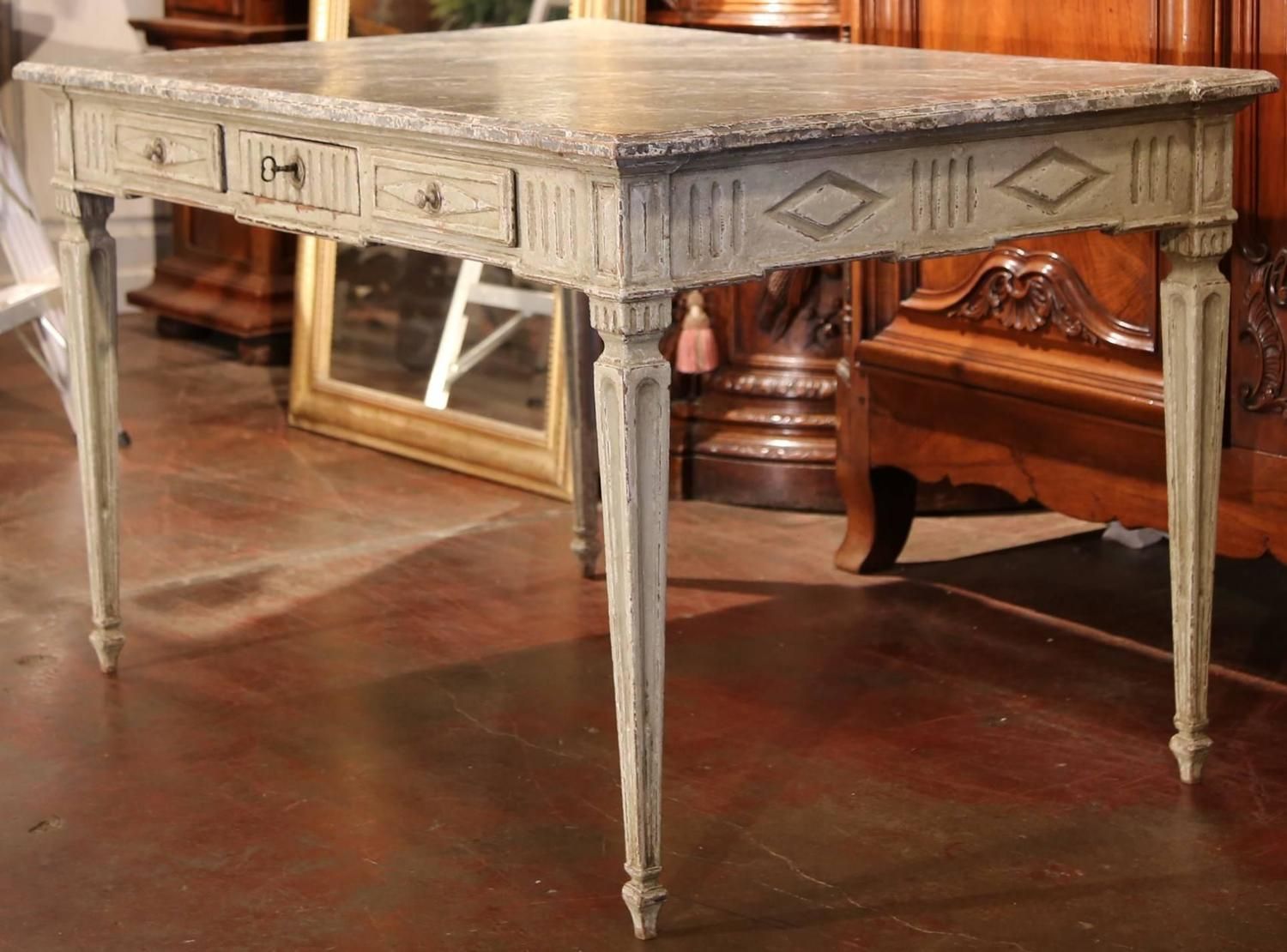 19th Century French Louis Xvi Painted Writing Table Desk With Faux Within Brown Faux Marble Writing Desks (View 9 of 15)