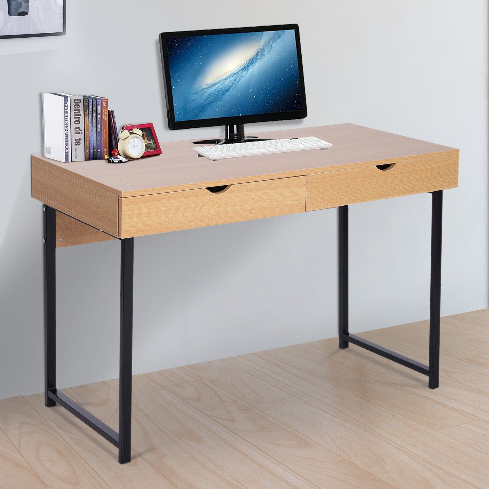 20" Wood Metal Modern Computer Desk With Slide Out Drawers – Natural Pertaining To Black And Cinnamon Office Desks (View 4 of 15)