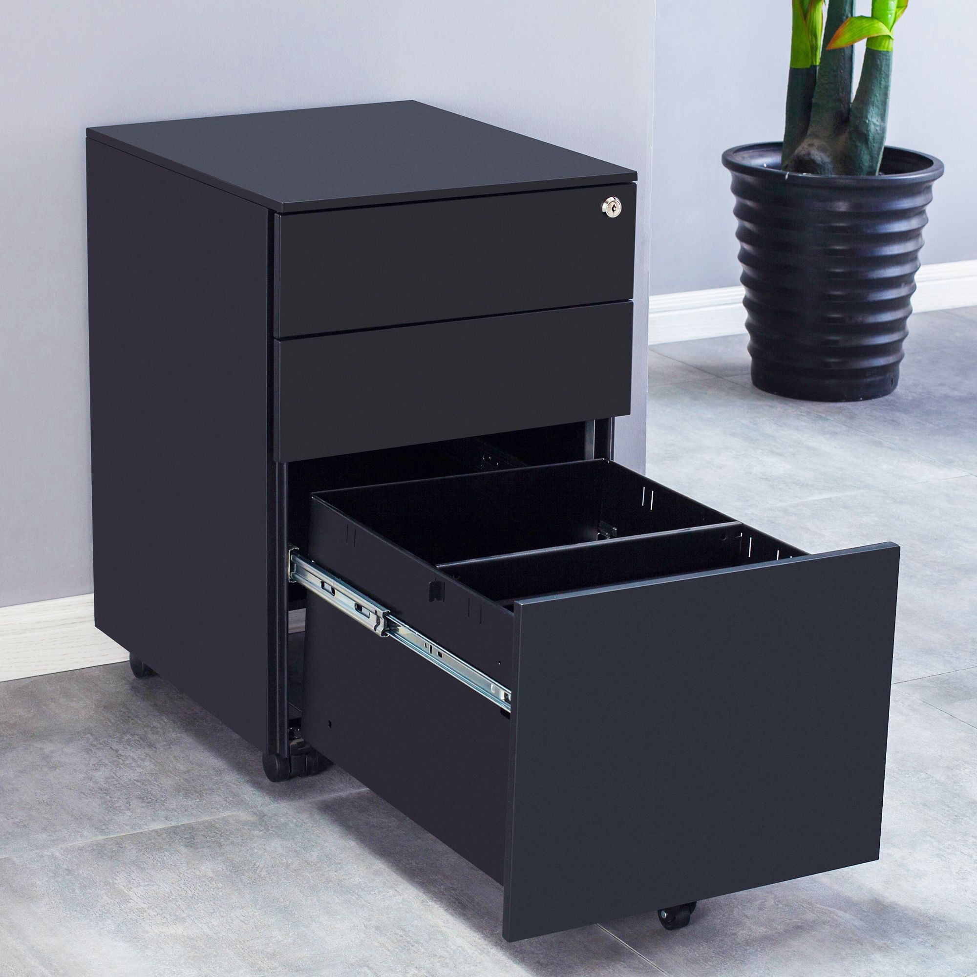 3 Drawer Rolling File Cabinets, Office Lockable Anti Tilt Filing With Regard To Brown And Matte Black 3 Drawer Desks (View 9 of 15)
