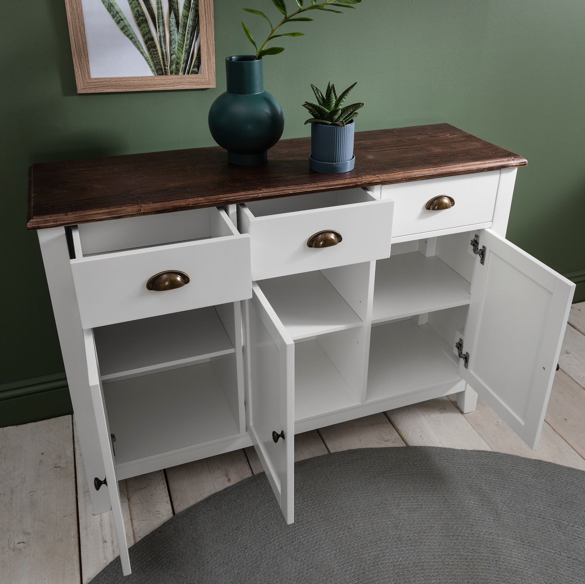 3 Drawer Sideboard Buffet White Grey Wooden | Ebay With Regard To Matte White 3 Drawer Wood Desks (Photo 15 of 15)
