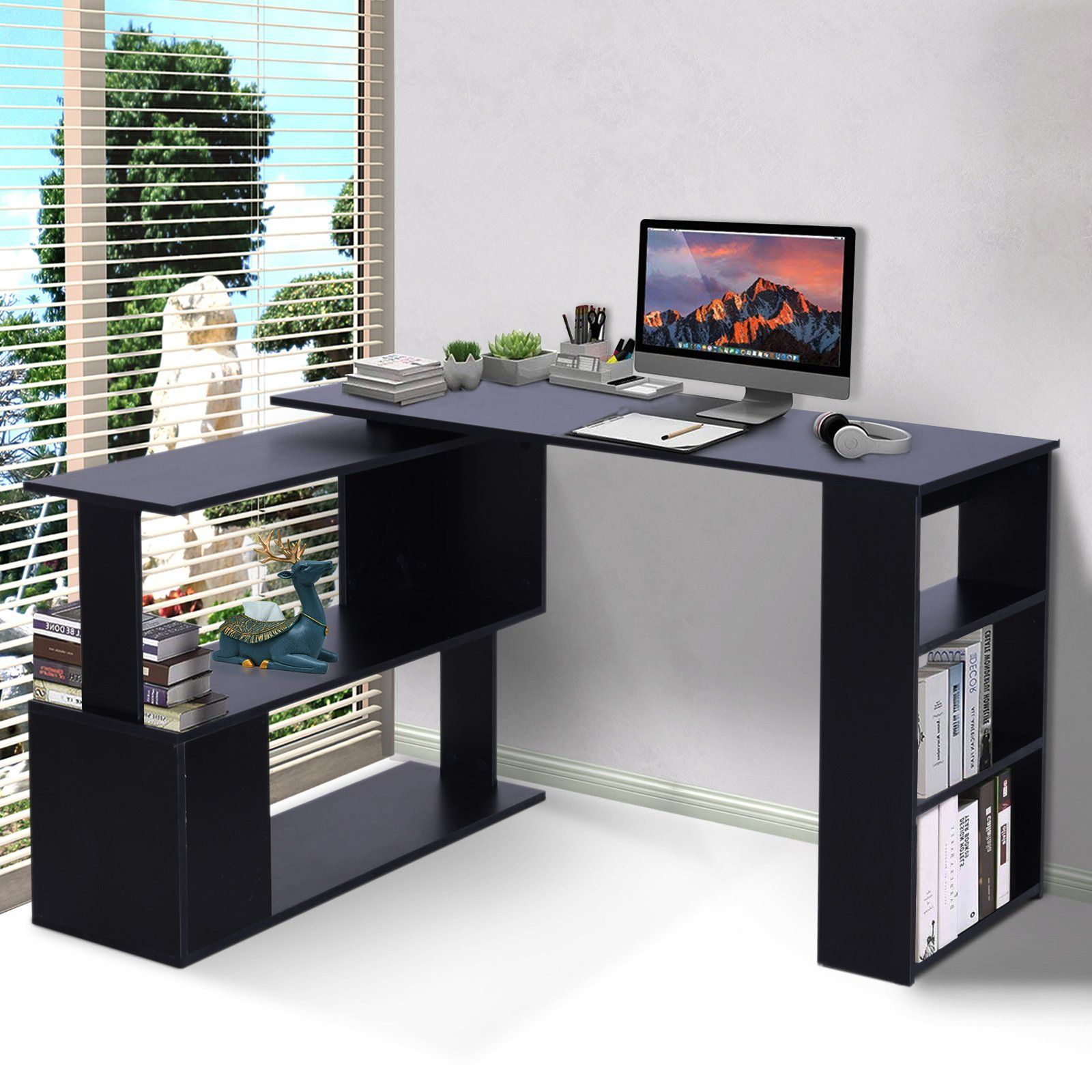 360° Rotating Home Office Corner Desk And Storage Shelf Combo – Black With Regard To Black And Cinnamon Office Desks (View 5 of 15)